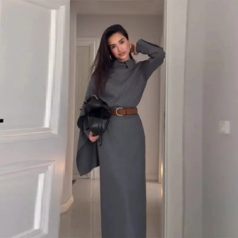 Vintage grey blazer suit set for women with polo-neck cape blouse and long skirt