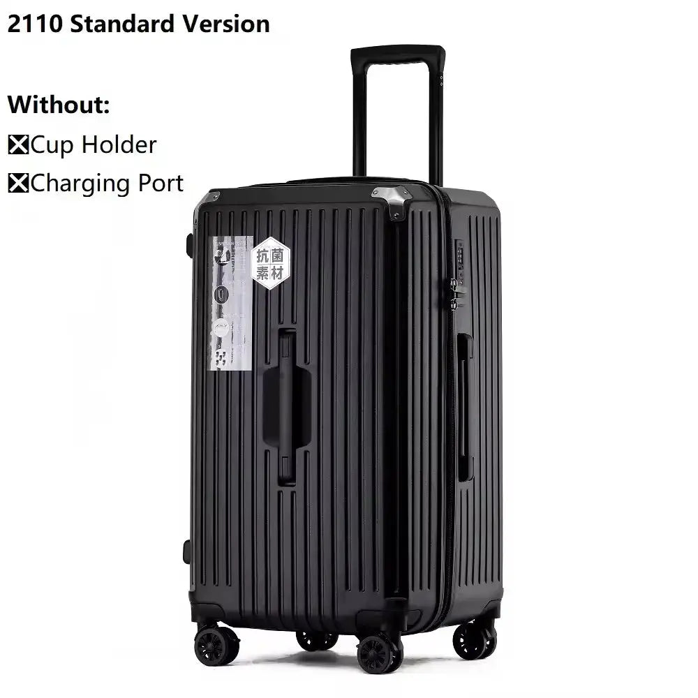 Carry-on luggage by Simples Market, black hard-shell with 4 spinner wheels and telescoping handle.