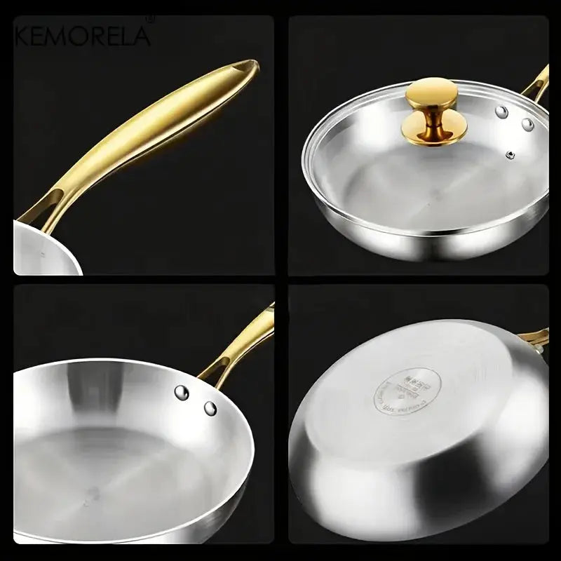 KEMORELA 316 Stainless Steel Frying Pan With Golden Handle Nonstick Wok Pan For Gas Stove Universal Cooking Pot