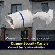 Dummy security camera by Simples Market, white outdoor fake CCTV with blue ring and LED light, wall-mounted.