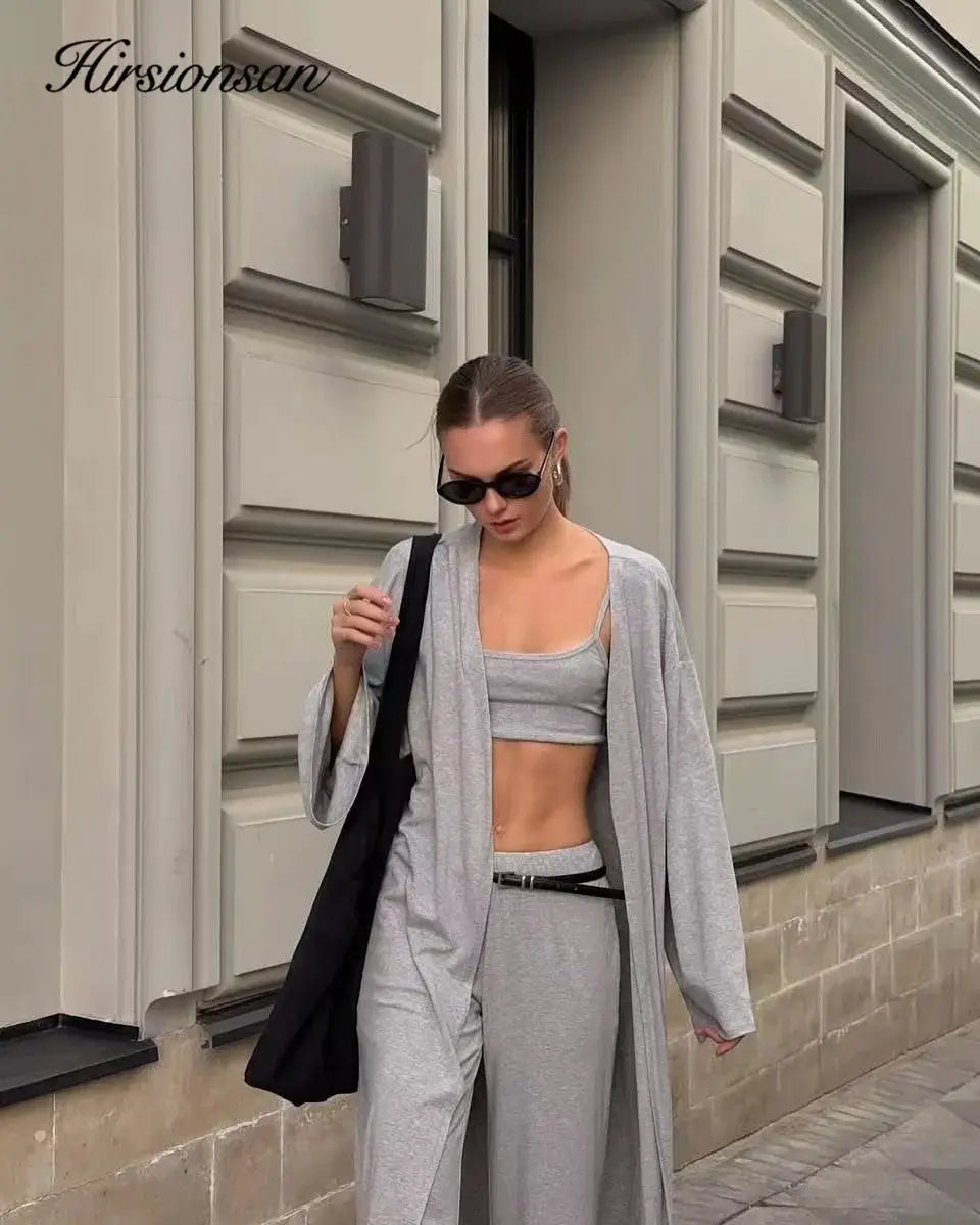 Modal Three Piece Women Set Long Sleeve Cardigan Vest High Waist Pants