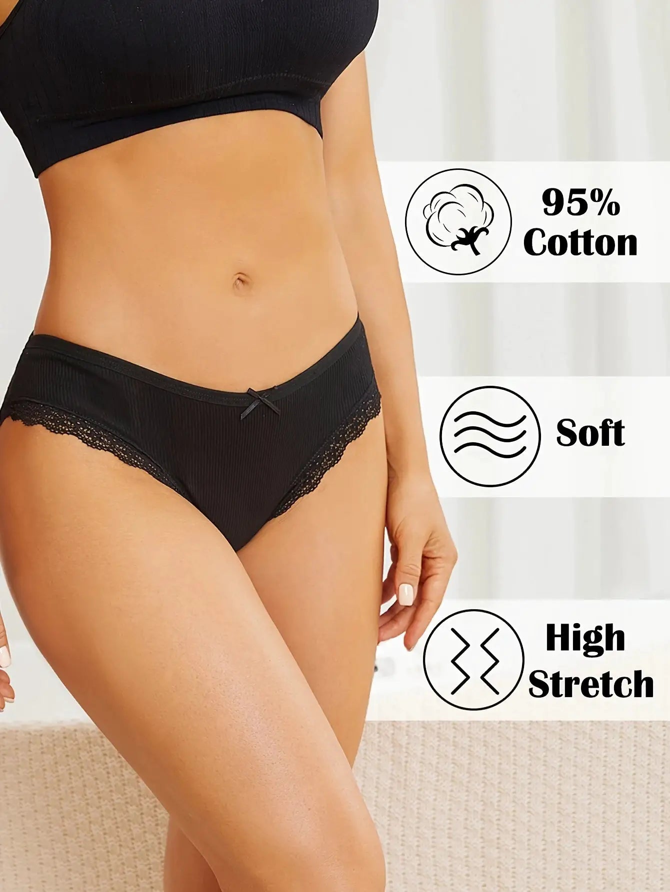 Women's black 95% cotton lace briefs with soft stretch fabric.