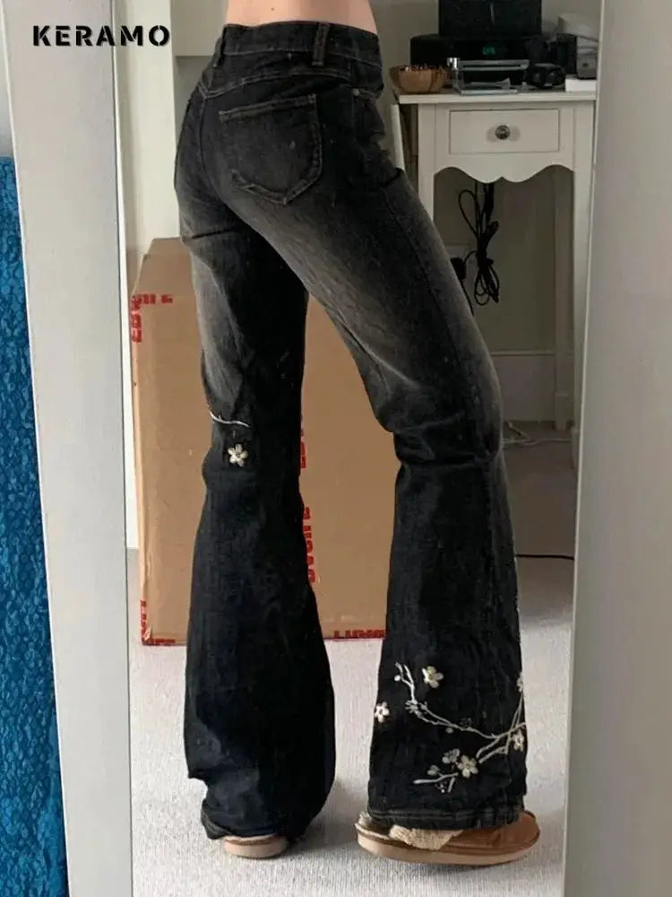 Weekeep Floral Embroidery Jeans Y2K Vintage Low Rise Flared Denim