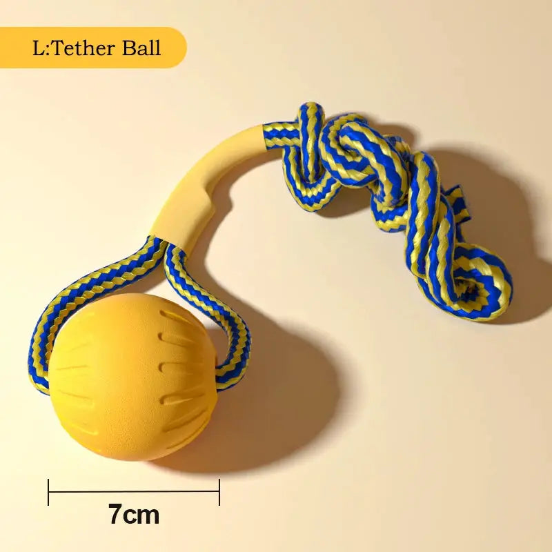 EVA dog tether ball toy with blue-yellow rope, 7 cm diameter, Simples Market