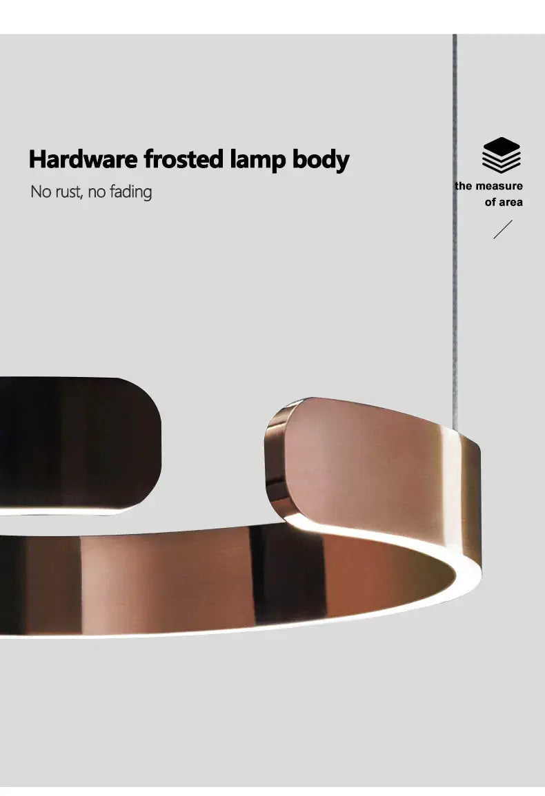 Nordic ring LED pendant lamp in rose-gold metal finish, dimmable hanging light fixture