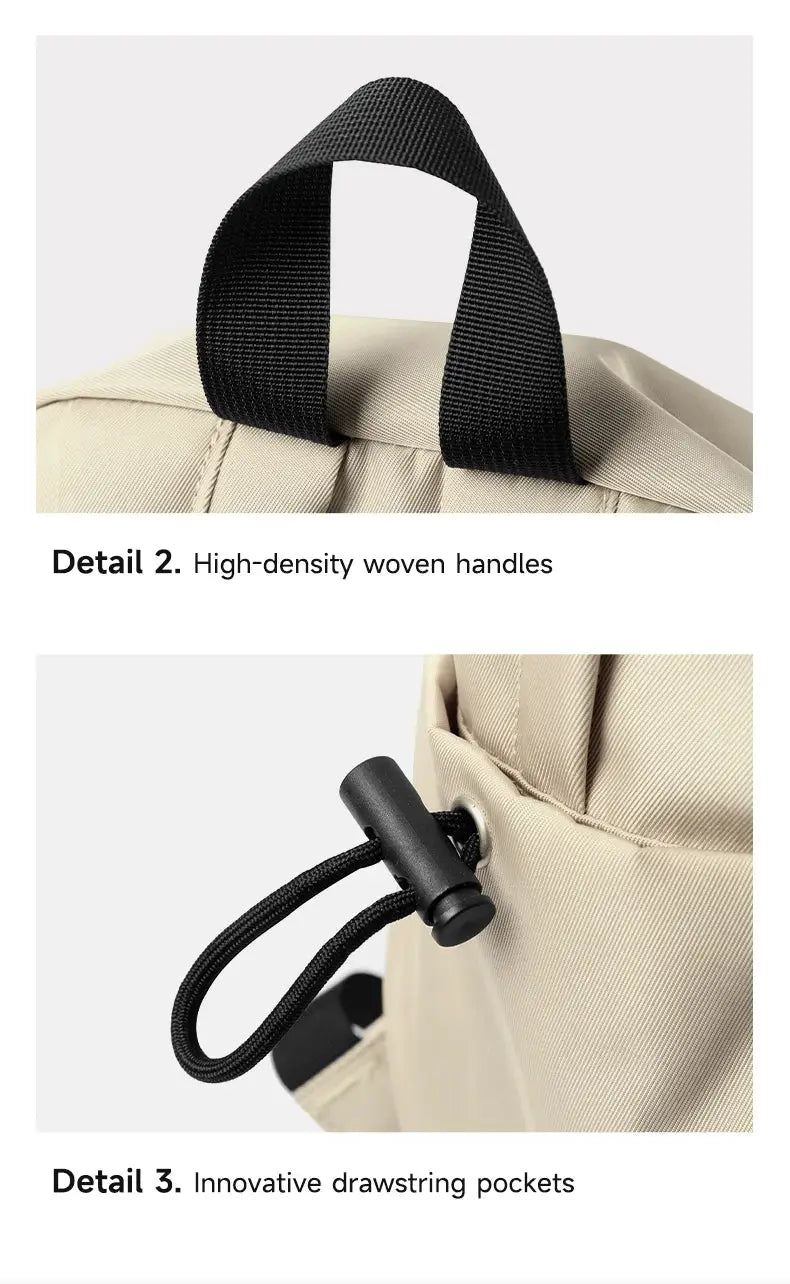 Laptop backpack in beige Oxford fabric with black woven top handle and drawstring pocket.