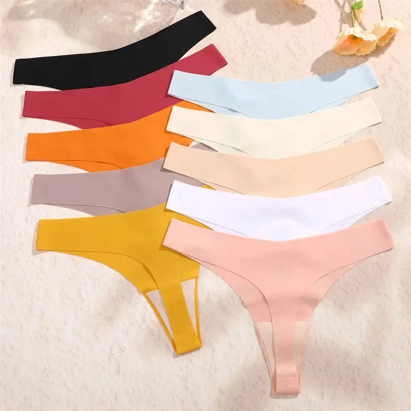 FINETOO seamless thong underwear set in 9 color options; low-rise V-waist, breathable ice-silk fabric