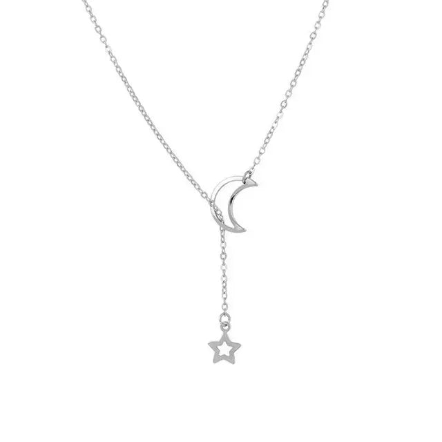 Moon pendant choker necklace in silver with dangling star charm on alloy chain