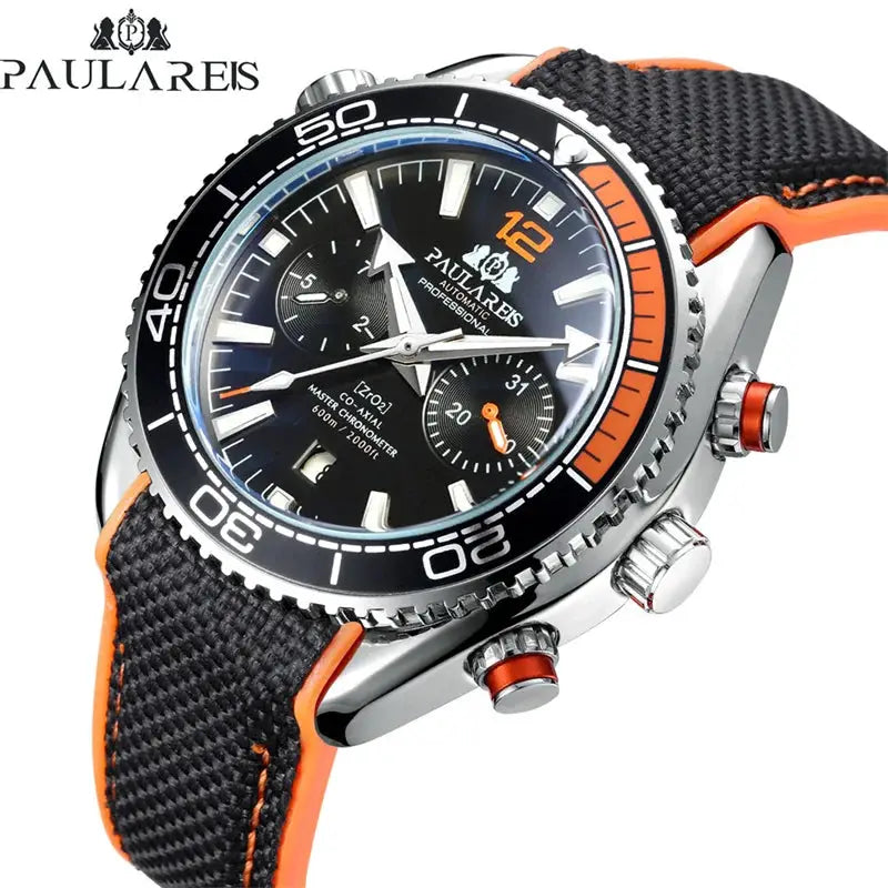 PAULAREIS Luxury men's automatic chronograph watch with black dial and orange accents, stainless steel case, black strap