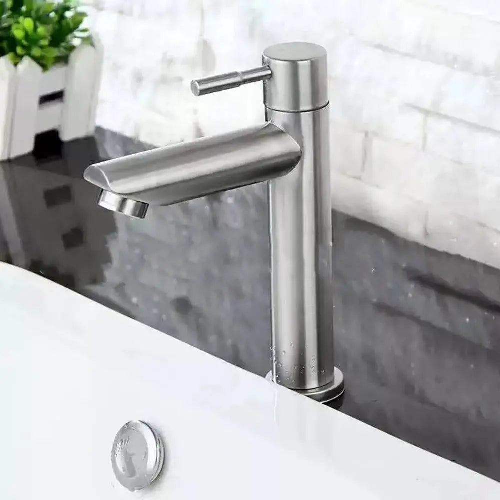 Simples Market stainless steel single cold basin tap, deck-mounted with extended silver spout