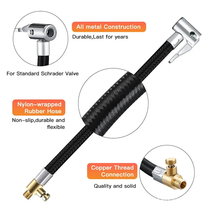 Car tire inflation extension hose by Simples Market, black nylon-wrapped hose with silver Schrader valve adapter