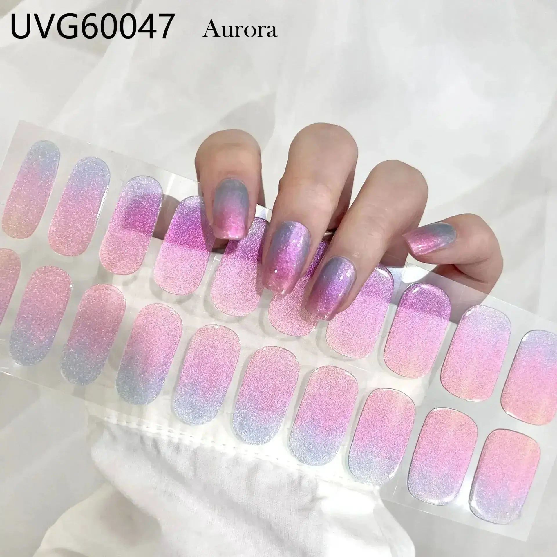 Gel nail wrap set by Simples Market; 16/20/22 tips full-cover gradient pink to purple glitter stickers