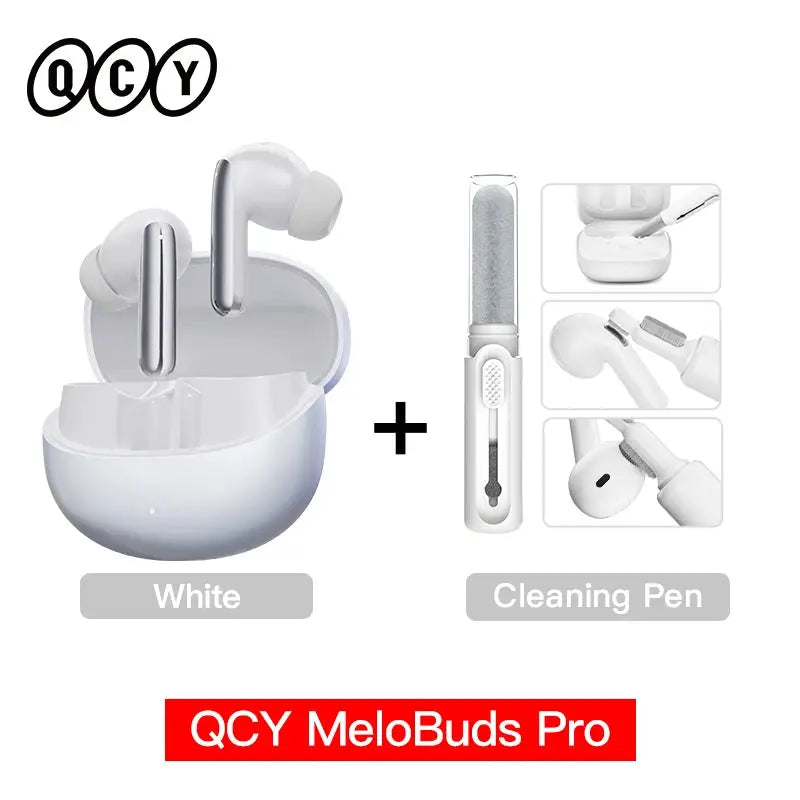 QCY MeloBuds Pro white wireless earbuds with charging case and cleaning pen set