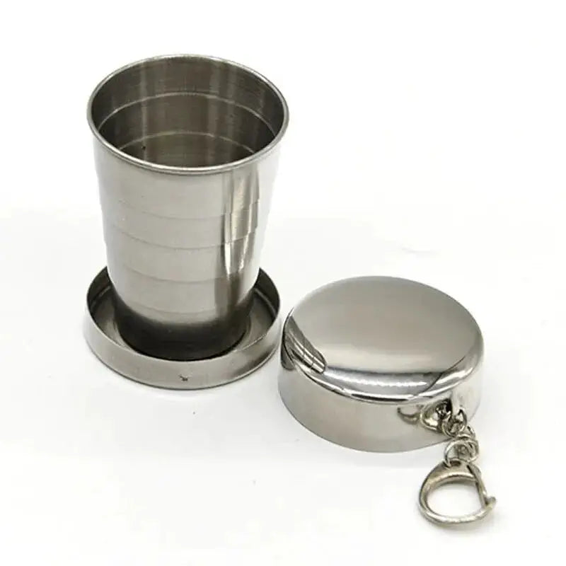 Stainless steel telescoping camping cup with lid and keychain, compact portable drink cup.