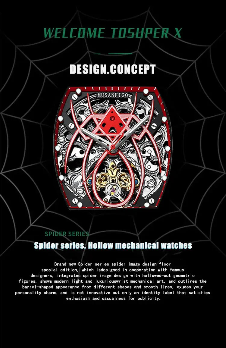 MUSANFIGO hollow skeleton barrel-shaped watch with red frame, Spider Series design