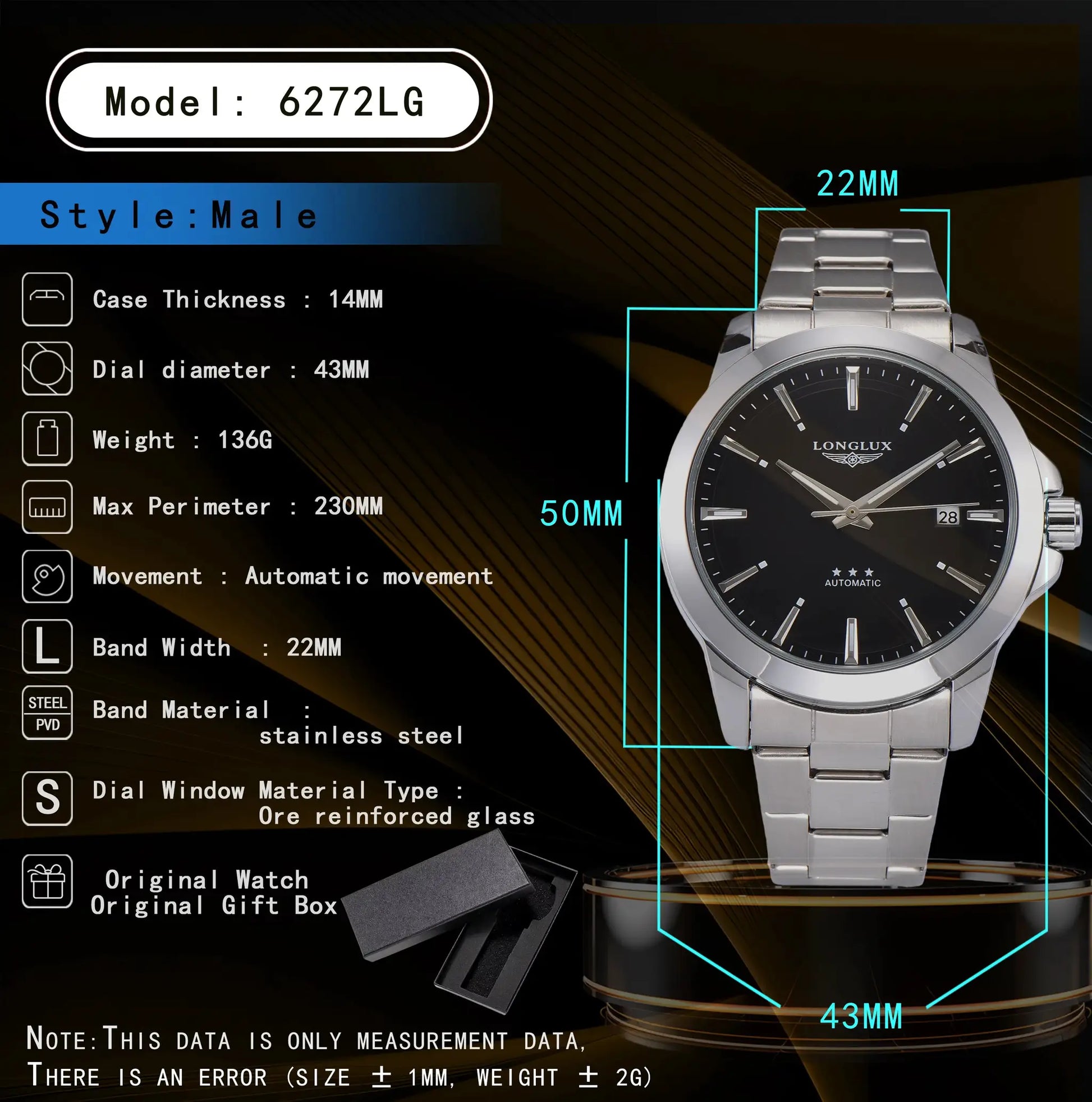 Men's automatic stainless steel wristwatch Simples Market 6272LG with date and luminous hands