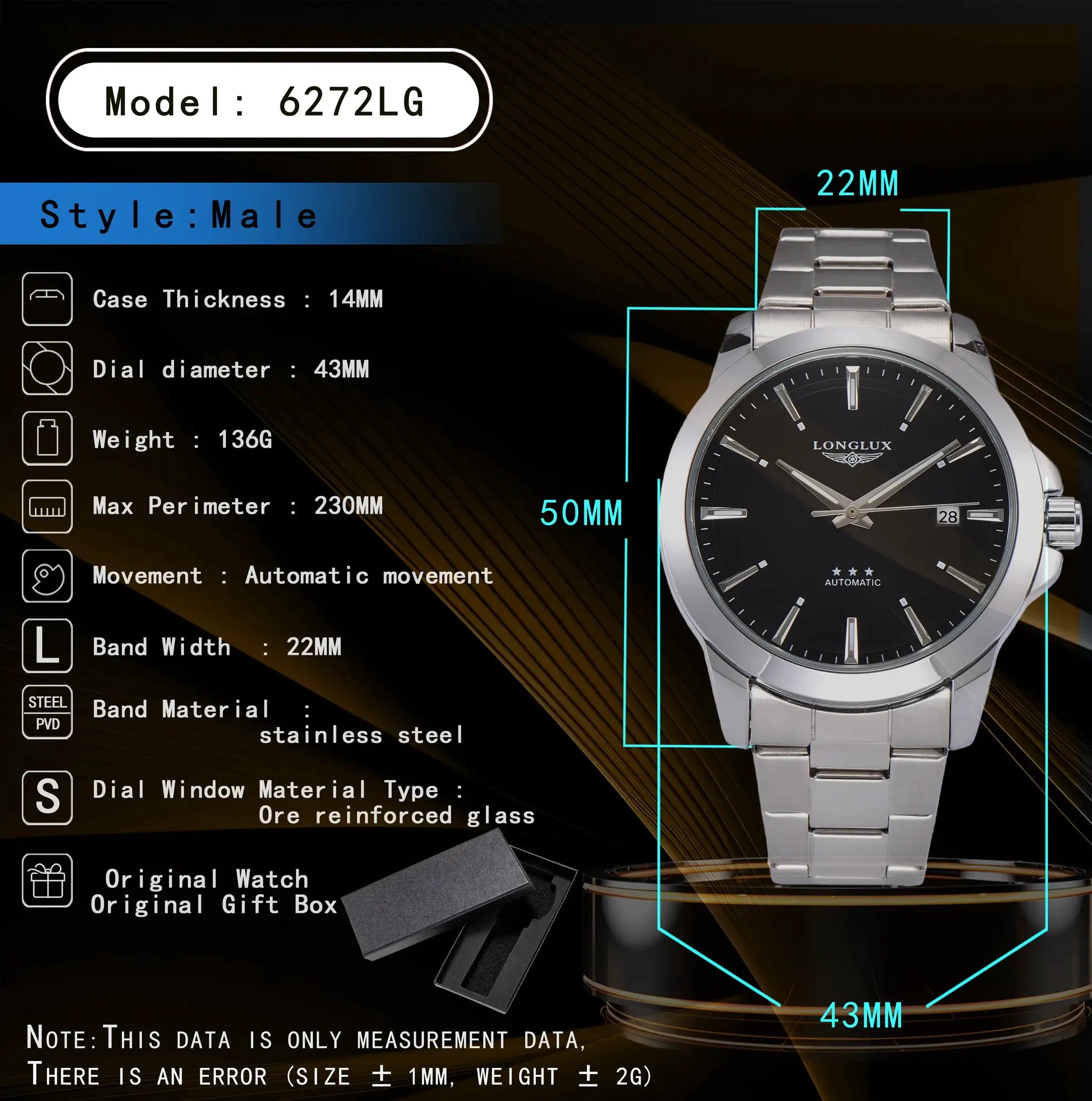 Men's automatic stainless steel wristwatch Simples Market 6272LG with date and luminous hands