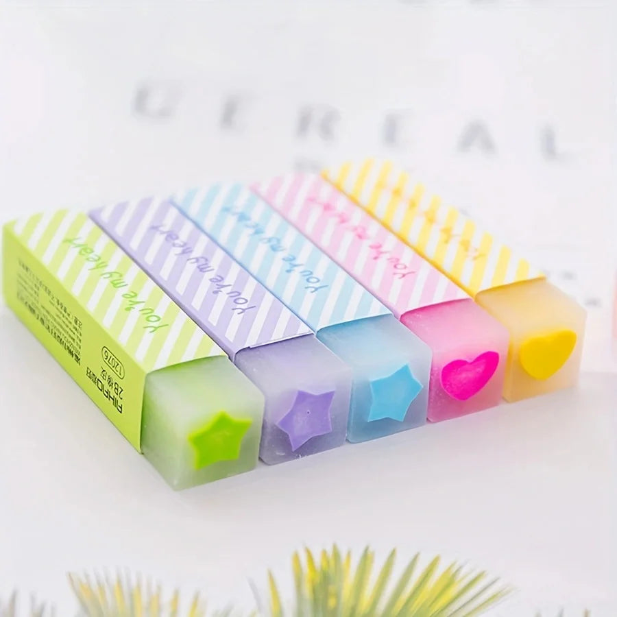 Simples Market five pastel heart and star erasers in lime green, purple, light blue, pink, and yellow