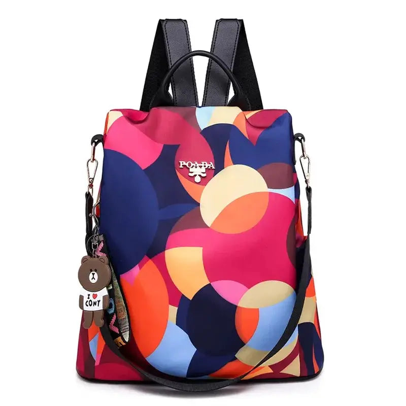Women’s backpack with bold multicolor circle print, Oxford cloth, large-capacity travel bag by Simples Market