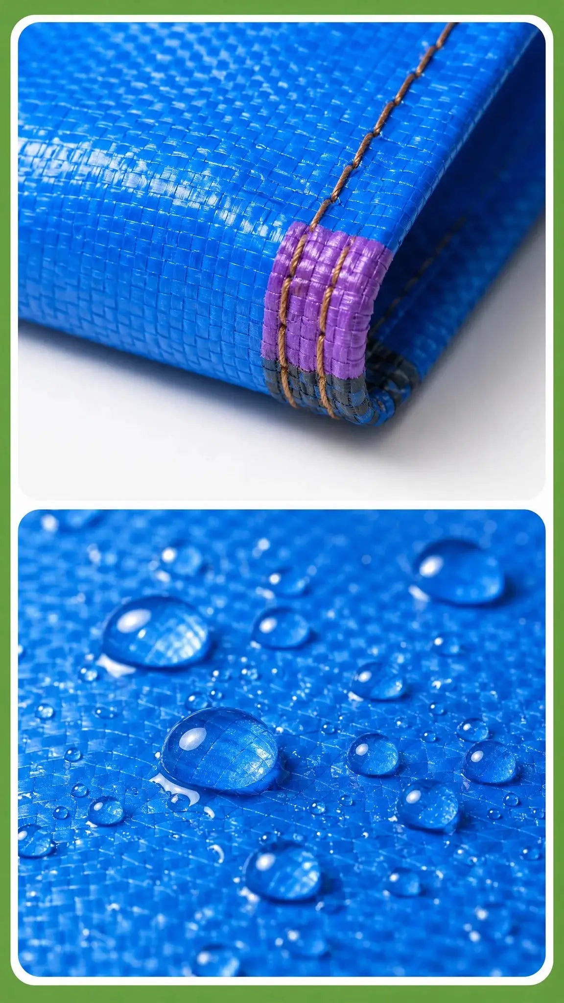 Waterproof fruit and vegetable harvesting apron in blue with purple corner stitching