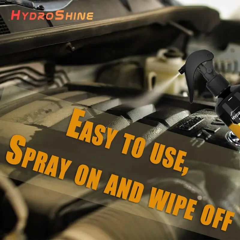 HydroShine engine bay cleaner spray by Simples Market; spray bottle visible in car engine bay with orange text overlay.