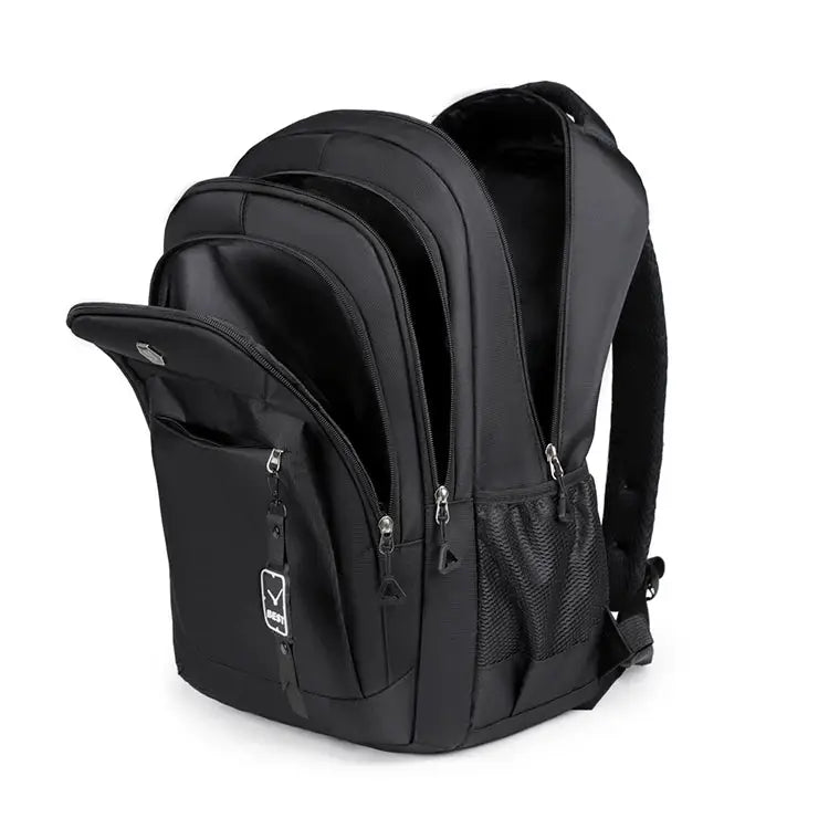 Black travel backpack with three compartments, laptop-ready design, and mesh side pockets