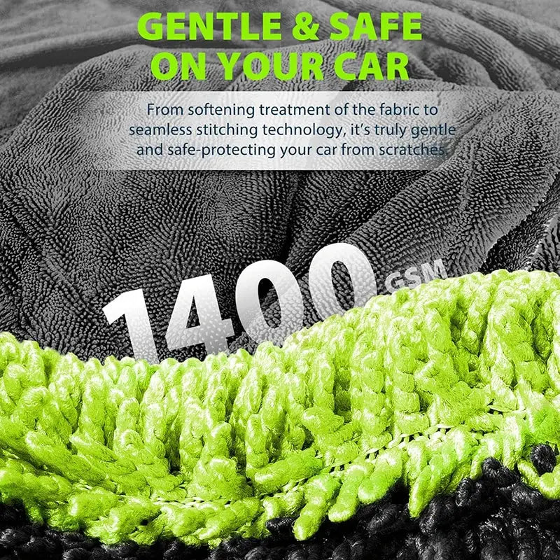 Car drying towel by Simples Market, 1400GSM, oversized 60x120 cm, double-sided neon green microfiber