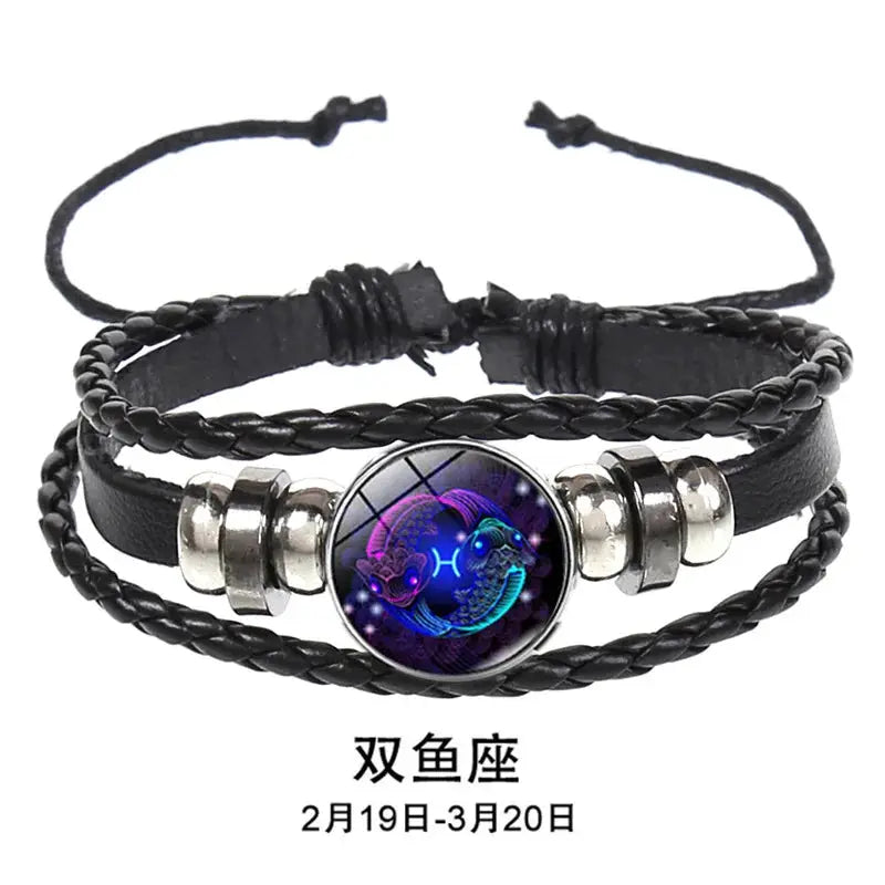 12 Constellation Zodiac Sign Luminous Charm Leather Wrap Bracelet Multilayer Vintage Unisex Bangle