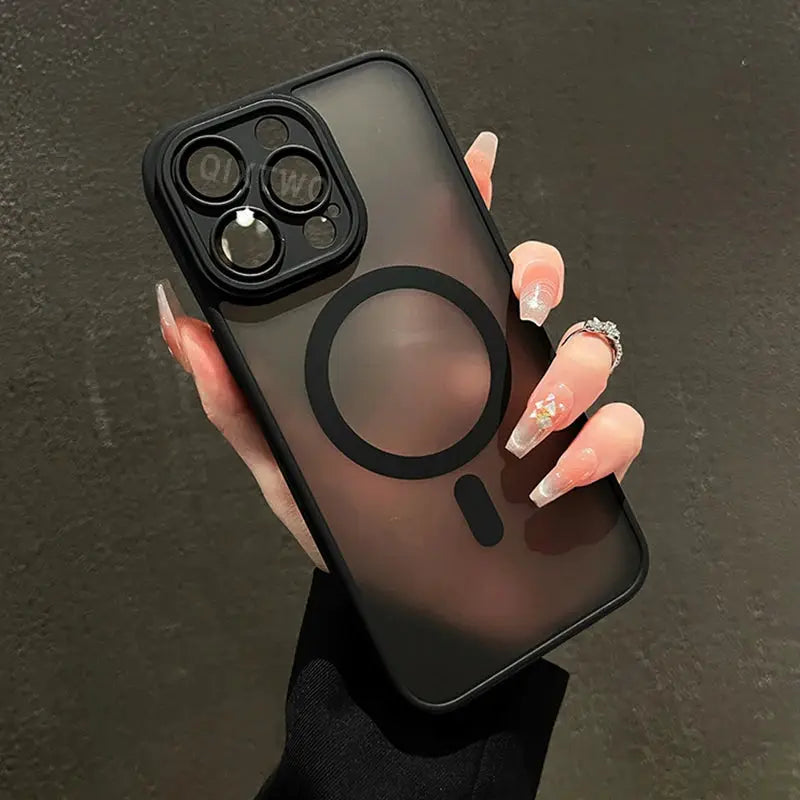 Simples Market Luxury Matte Armor MagSafe case for iPhone 11–17, translucent black with circular MagSafe ring
