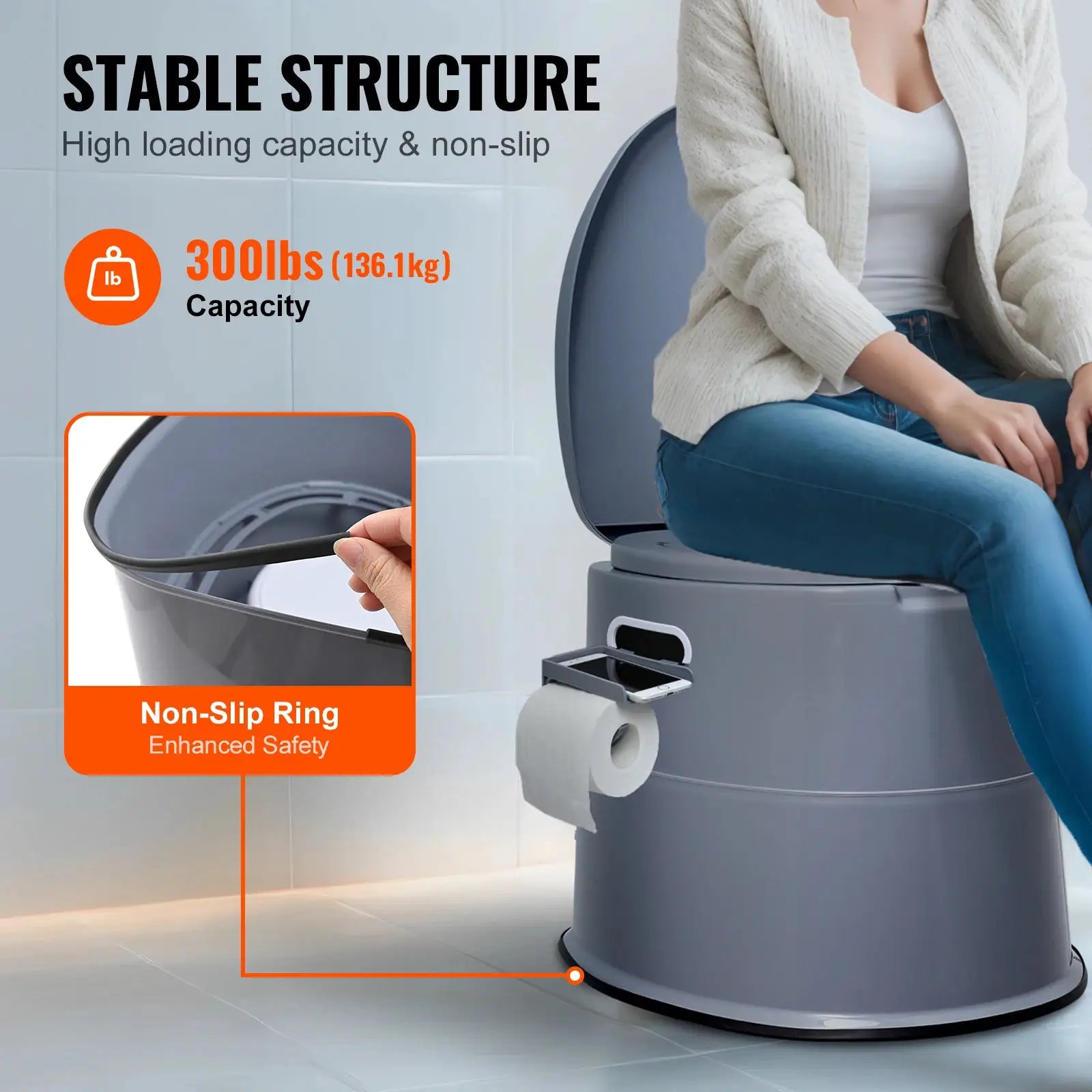 SucceBuy portable camping toilet with detachable inner bucket and non-slip ring, 300 lb capacity