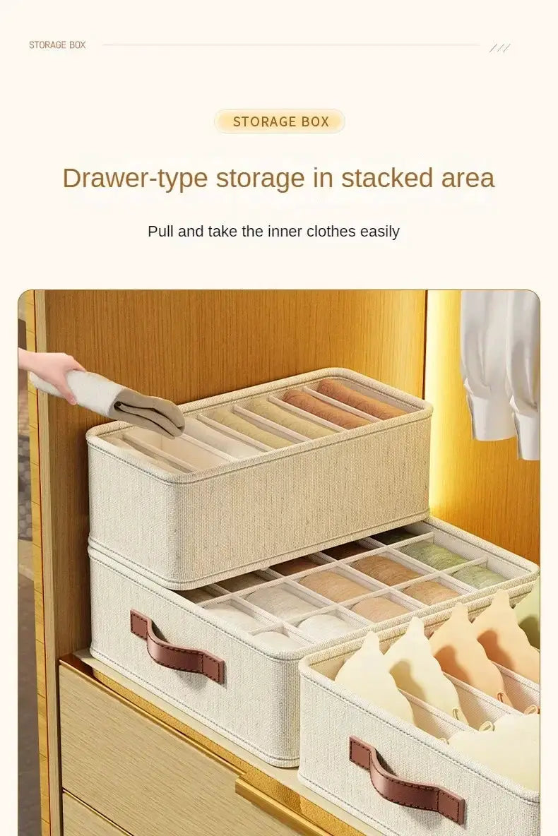 Simples Market beige fabric drawer organizer set, two stackable boxes with dividers for underwear, socks, bras