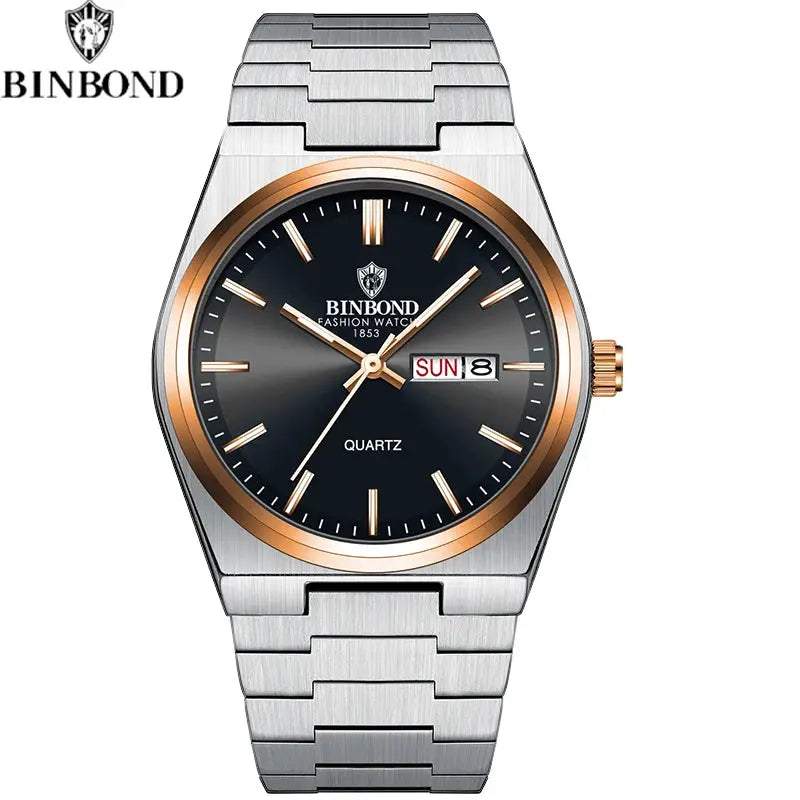 BINBOND men's stainless steel quartz watch with gold-tone bezel, black dial, and date window