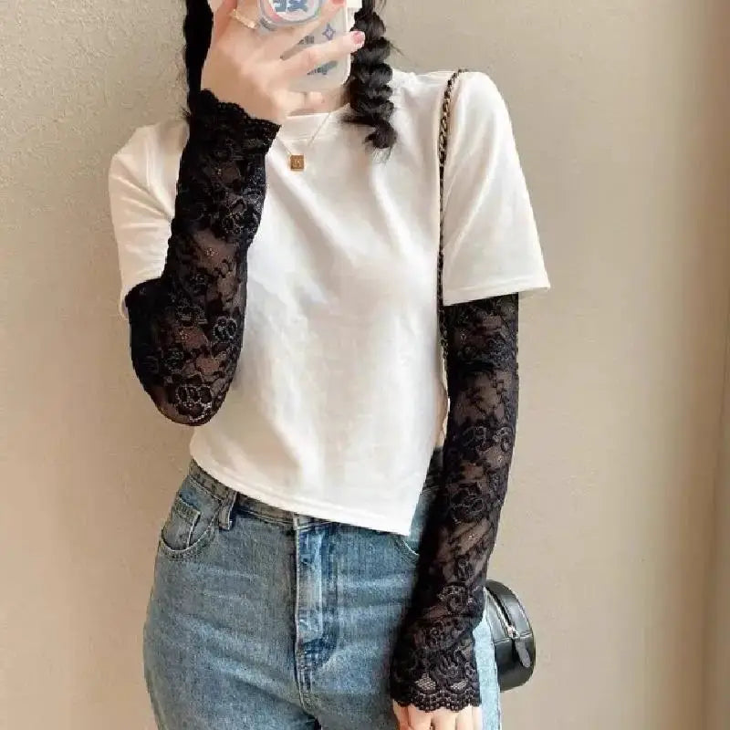 AuroraSilk Women Summer Ice Silk Lace Arm Sleeves Breathable Fingerless Driving Gloves With Sun Protection