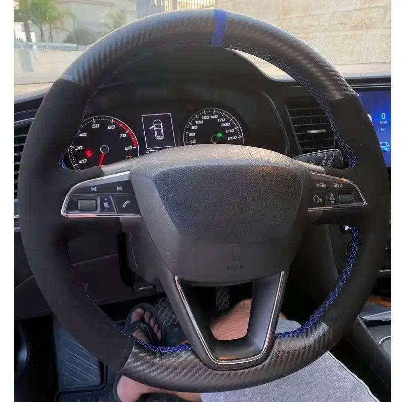 Steering wheel cover in suede with blue braided stitching for Seat Leon 5F Mk3 and related models