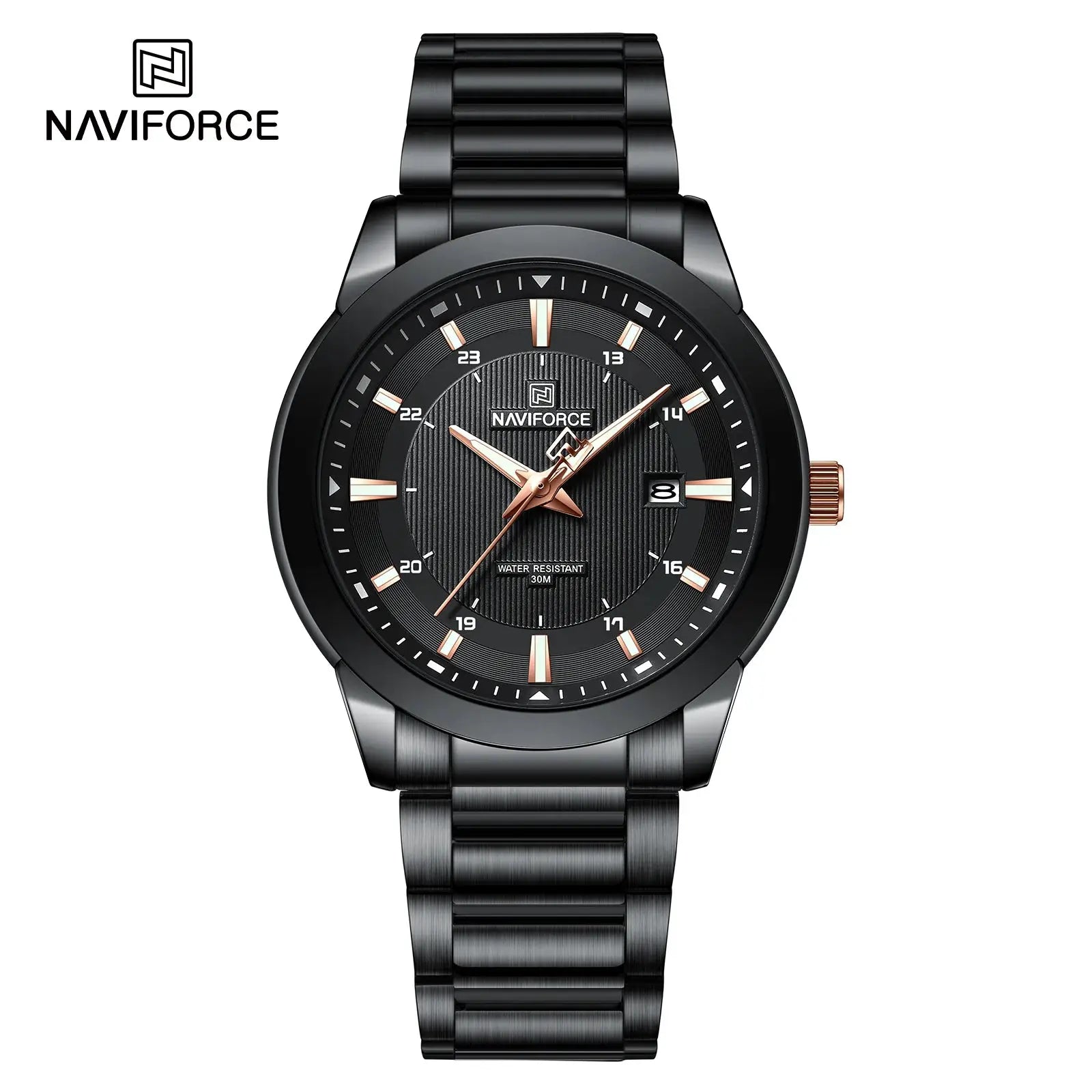 NAVIFORCE men's black stainless steel watch with rose-gold hands, date window, and 30m water resistance