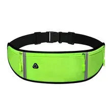 Outdoor running waist bag by Simples Market in neon green with black strap and three waterproof pockets