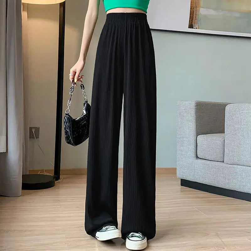 Simples Market thin summer wide-leg pants, black, elastic waist, full-length women's casual trousers