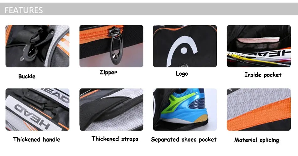 HEAD tennis racket backpack with capacity for 3–6 racquets, separated shoes pocket and orange zipper