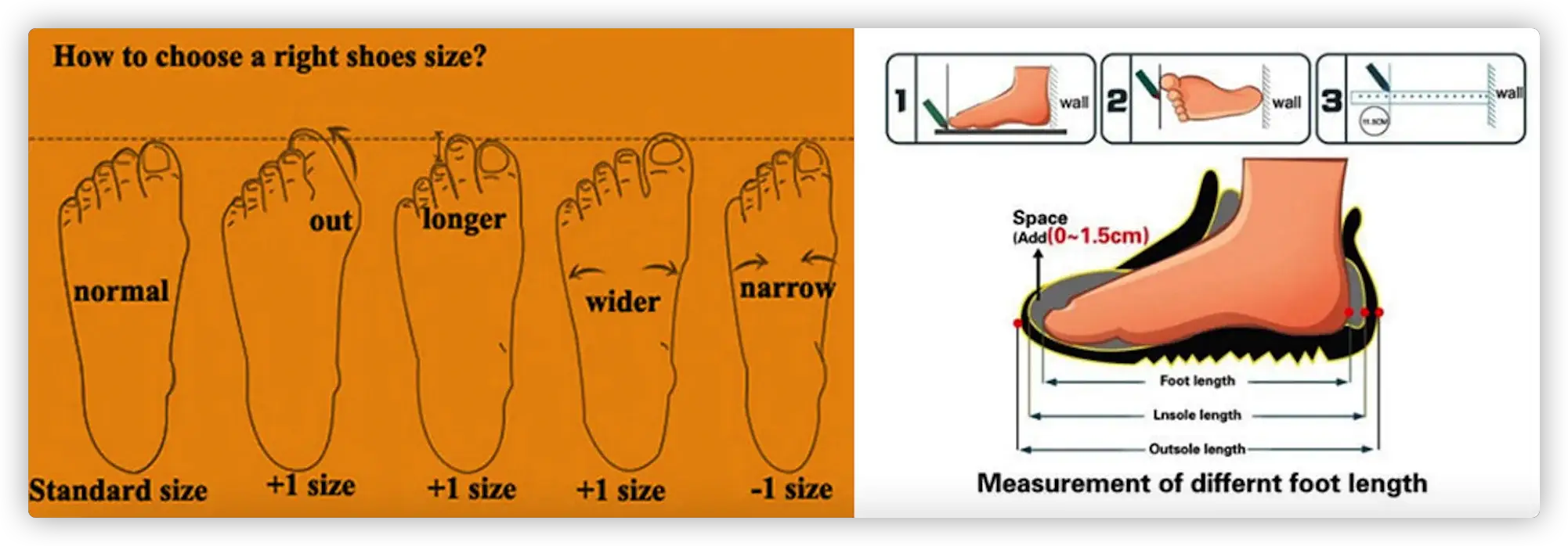 HIKEUP men's hiking shoes size guide graphic showing foot length and width measurements on orange background