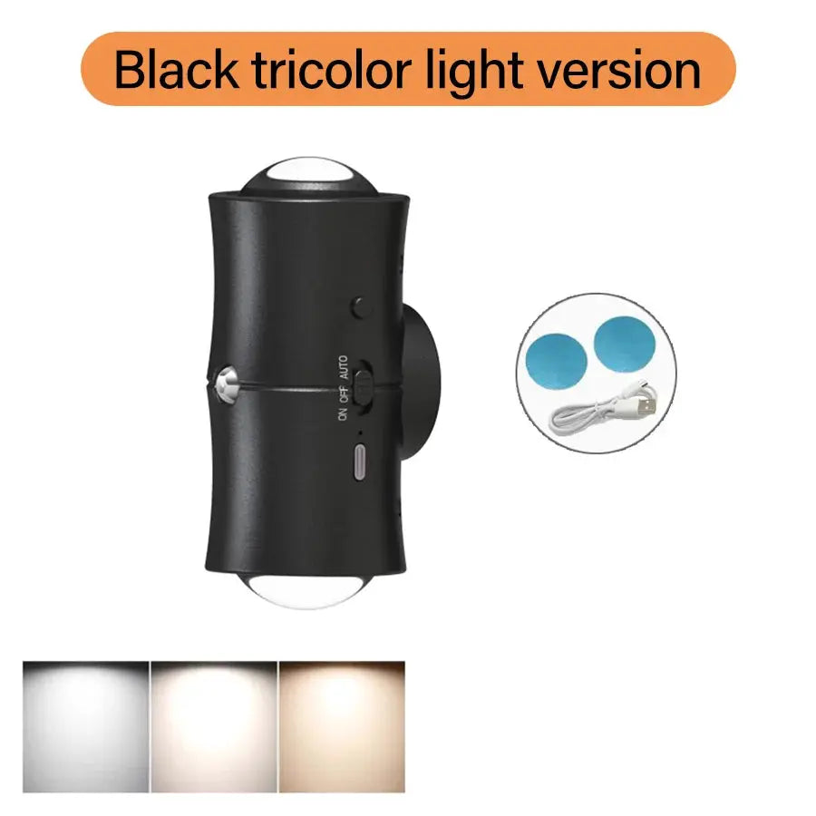 Simples Market black motion-sensor LED wall light, RGB tricolor, rechargeable double-head magnetic spotlight