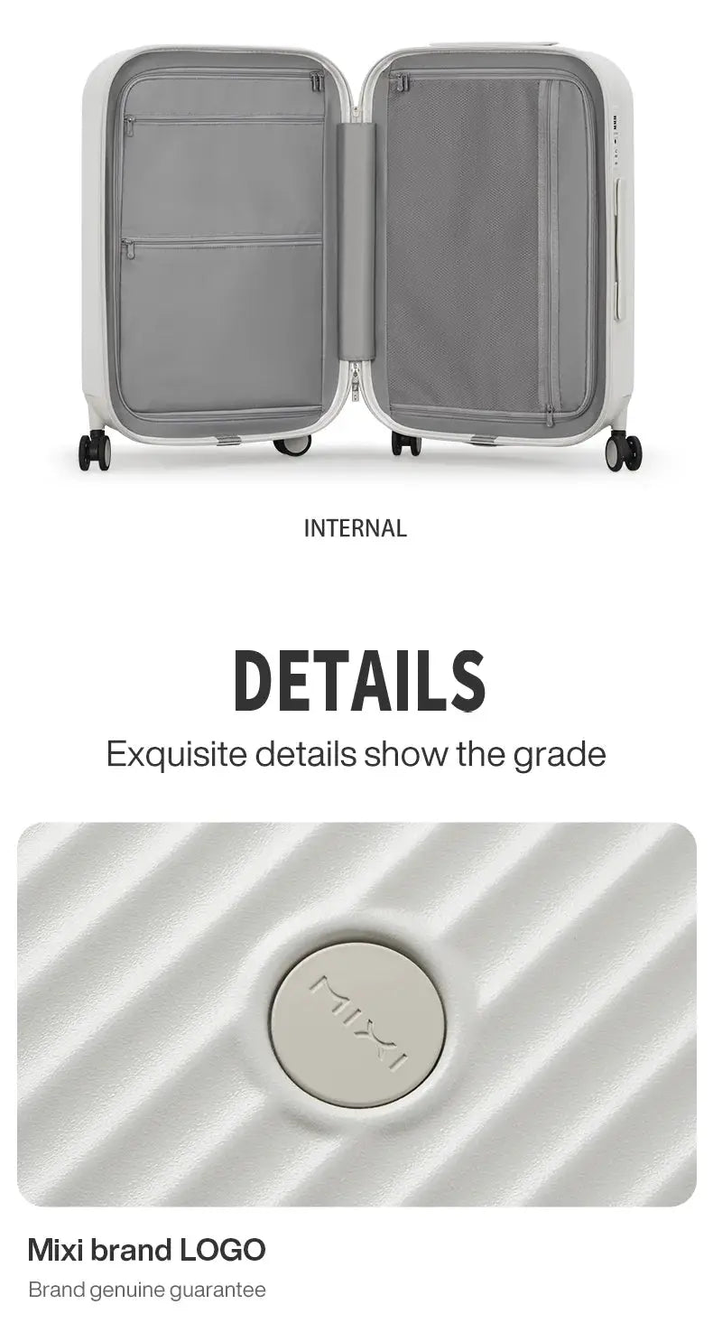 Mixi hard-shell carry-on luggage with gray interior, zipper pockets, and MIXI logo on interior disk.