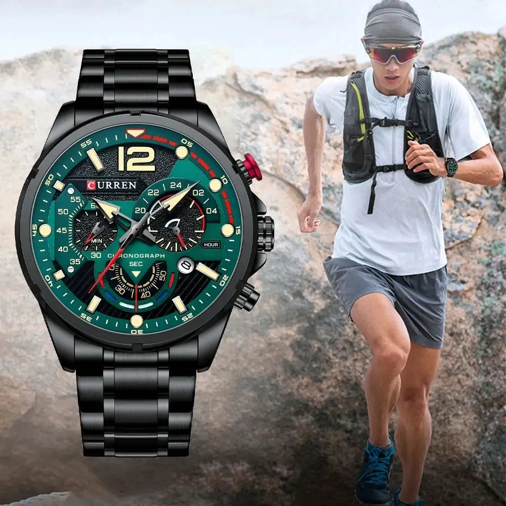 CURREN stainless steel chronograph men's watch with teal dial; waterproof, outdoor climber in background