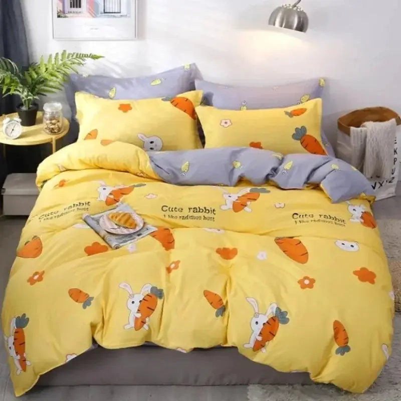 Four-piece cotton bedding set in yellow and gray with cute rabbit and carrot print