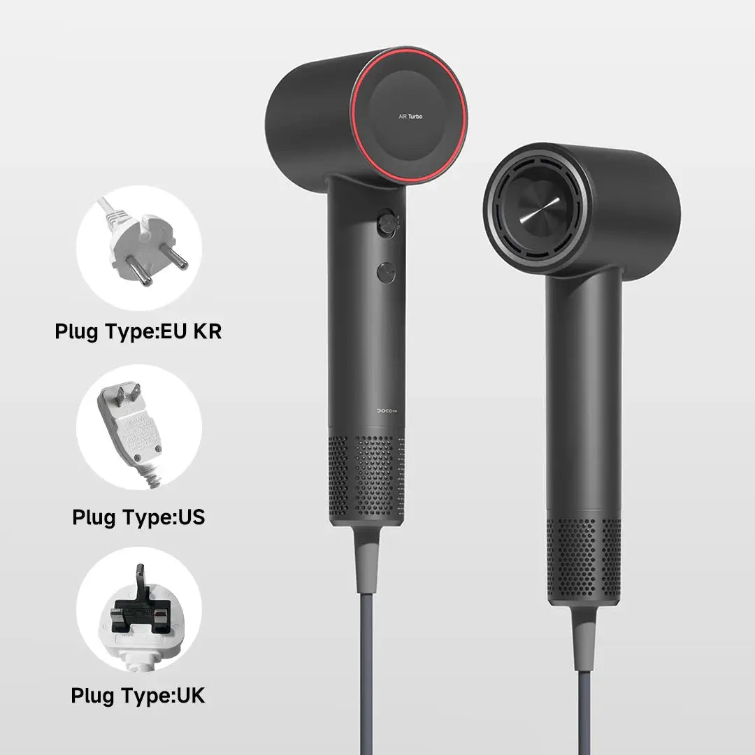 DOCO high-speed hair dryer, black portable design with EU/KR, US and UK plug adapters