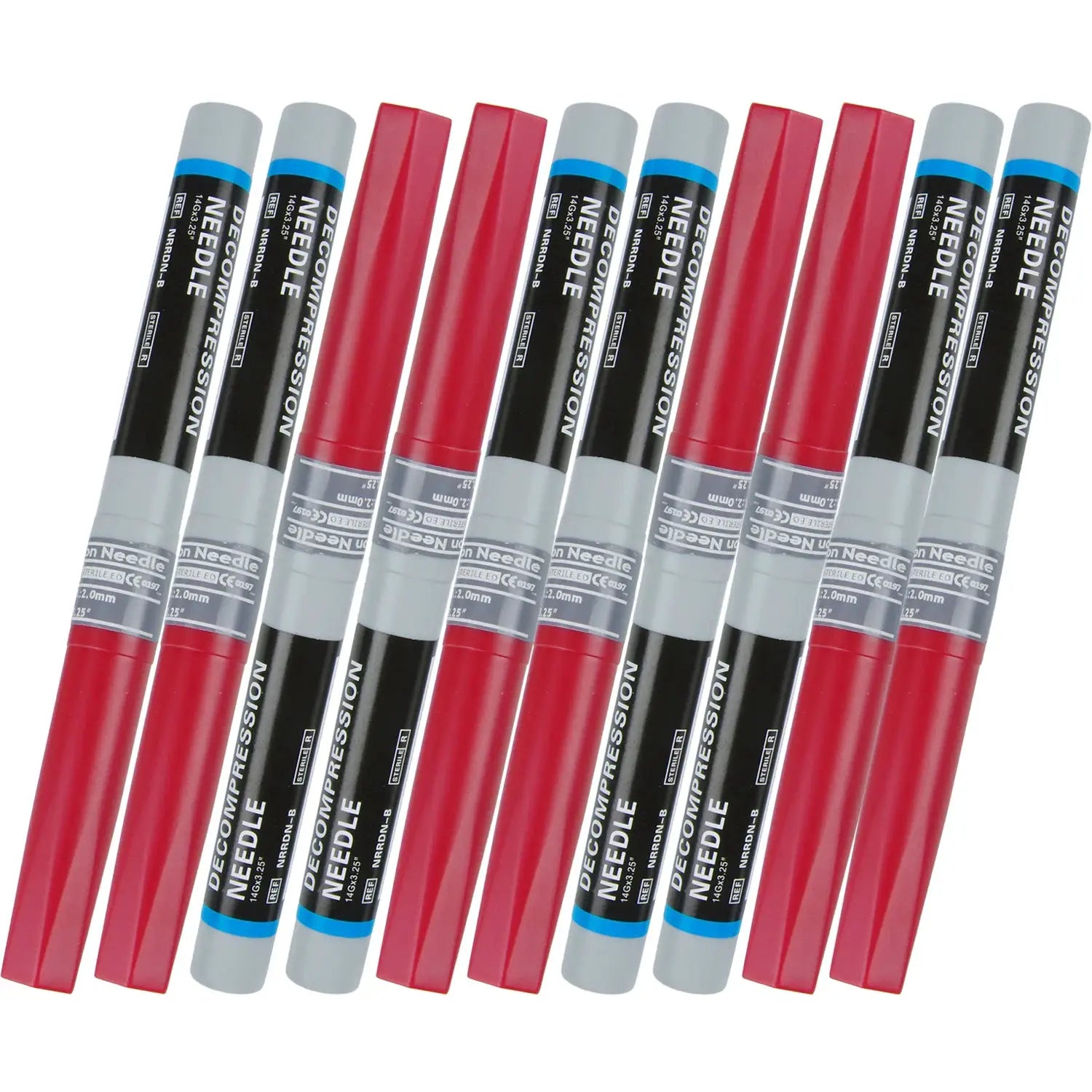 Simples Market pneumothorax needle decompression set with red and gray casings; multiple needles shown