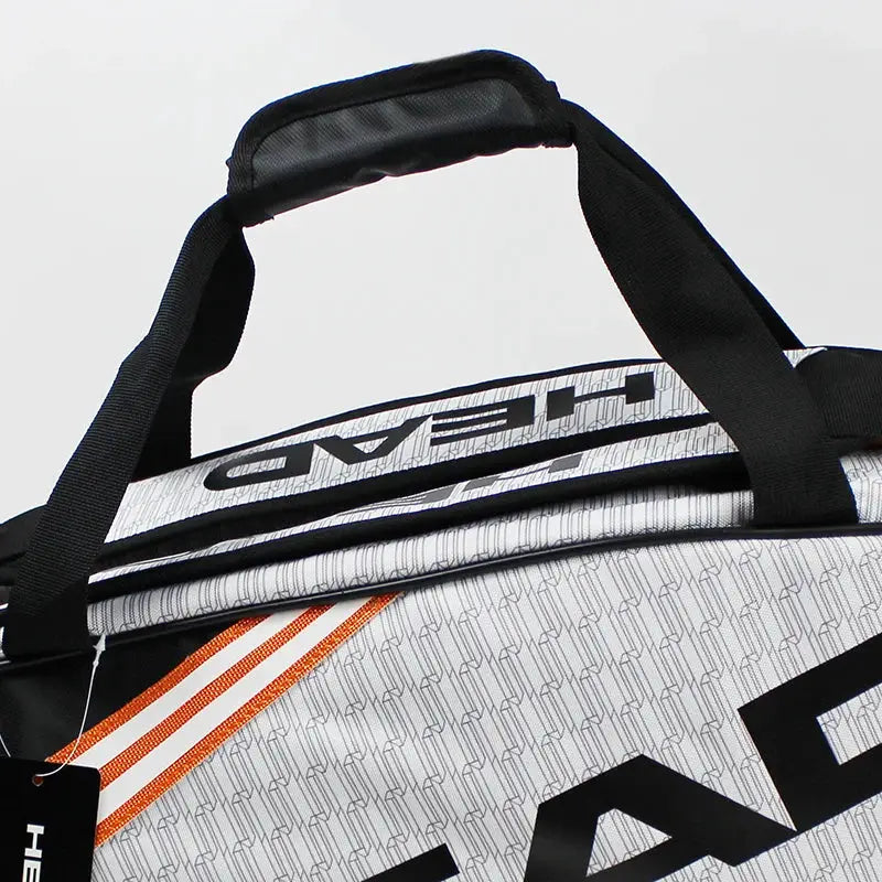 HEAD tennis racket backpack by Simples Market, large-capacity bag with shoes compartment; white-gray with orange accents