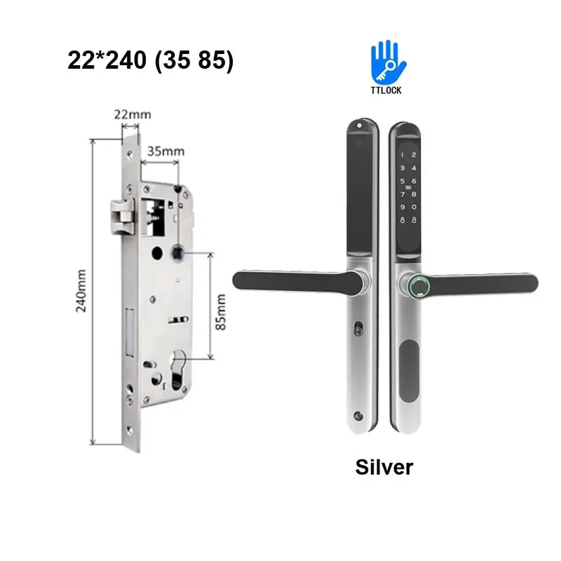 Simples Market sliding door smart lock, slim 2.8 cm, waterproof, silver finish; fingerprint keypad, TTLock compatible.