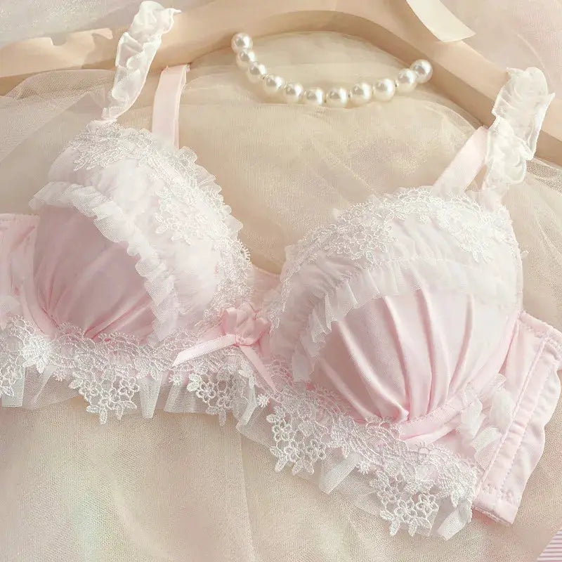 MOYISU pink lace bra set with satin cups and white floral lace trim, G cup
