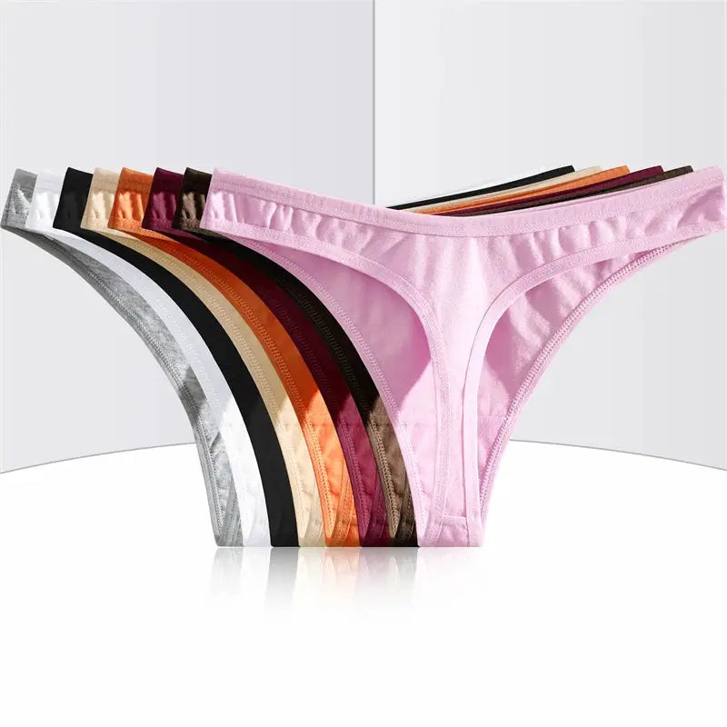 Seamless cotton thong underwear set in assorted colors; low-waist T-back design, 9-color display