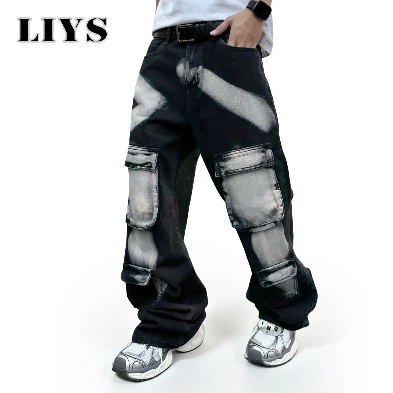 LIYS men's black cargo workwear jeans with multiple pockets and splashed ink design